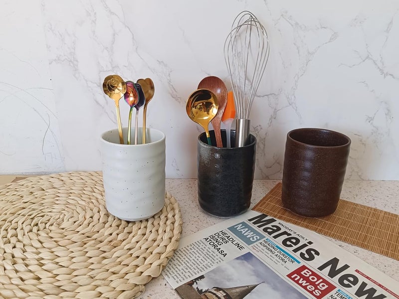 TOPYOKK Stoneware Coffee Bar Utensil Holder Tea & Coffee Spoon & Stirrer Holder for Stir Stick Straw Teaspoon Holder Spoon Cup Small Utensil Jar (Retro Black) - Image 3